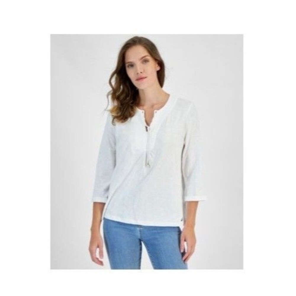 Nautica Womens XS Bright White Lace Up Neck Cotton 3/4 Sleeve Top NWT CH34